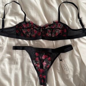 Lounge Black and Red Floral Lace Lingerie Set